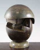 A Troika `helmet` lamp base, decorated by Alison Brigden, in blue and brown green glazes,