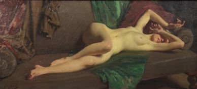 Lindsay Bernard Hall (1859-1935)oil on canvas,`Sleeping Beauty` - nude reclining upon a settee,
