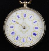 A lady`s 14ct gold keywind fob watch, with gilt decorated white Roman dial and foliate engraved