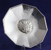 A 1930`s Arts & Crafts planished silver decagonal shallow dish, by Omar Ramsden, the centre with