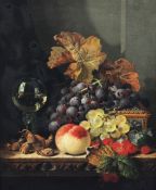 Edward Ladell (1821-1886)oil on canvas,Still life of fruit and a roemer on a table top,monogrammed,