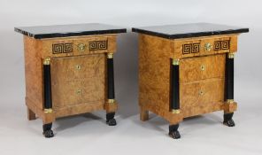 A pair of French Empire style ebony inlaid birds eye maple bedside chests with Greek key inlaid