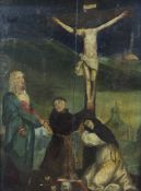 18th century Spanish Schoolthree oils on wooden panels,Triptych with The Crucifixion flanked by