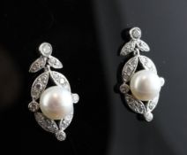 A pair of Victorian style 18ct white gold, diamond and cultured pearl set earrings, of lozenge form.