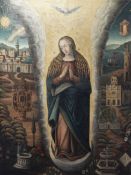 Early 19th century Spanish Schooloil on canvas,The Virgin Mary with gardens, a church, a turret