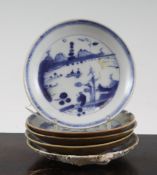 Five Ca Mau Cargo Batavia ware saucer dishes, c.1725, each painted in underglaze blue with a