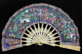 A Chinese export ivory paper leaf fan and lacquer box, late 19th century, the fan decorated with