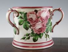A large Weymss three handled tyg, painted with pink roses and foliage, pink enamelled borders,