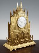 A 19th century Continental gilt brass mantel clock, of `Rheims Cathedral`, with enamelled Roman dial