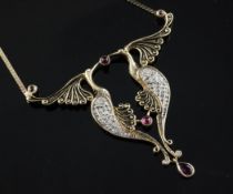 A modern 14ct gold, diamond and gem set Grecian revival pendant necklace, modelled as two