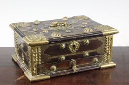 A Southern Indian brass mounted padouk wood casket, with lifting lid and single drawer, 10in.
