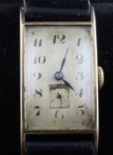 A gentleman`s 1930`s 9ct gold Longines manual wind wrist watch, with rectangular Arabic dial and