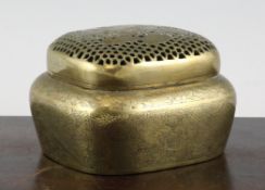 A Chinese bronze hand warmer and cover, 19th century, the cushion shaped body engraved with a dragon