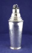 A stylish 20th century German planished silver cocktail shaker, by Kuhnle Furth, of cylindrical