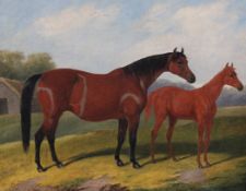 Edith Corbet (1850-1920)oil on canvas,Study of a chestnut mare and foal,signed and dated 1861,16 x