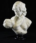 A marble effect bust of a mother and child, on ebonised pedestal, impressed no.927 to back, 16.