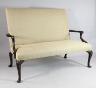An 18th century style open arm settee, with straight back and scrolling arms, on cabriole legs, W.