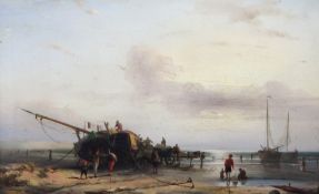 Richard Parkes Bonington (1802-1828)oil on wooden panel,Fisherfolk and boats at low tide,7.25 x