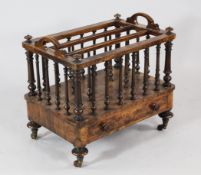 A Victorian burr walnut three division Canterbury, with baluster turned spindles and single base