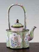 A Chinese Canton enamel wine pot, 18th century, of quatre lobed form, with a high looped handle