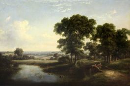 Follower of Patrick Nasmyth (1787-1831)oil on canvas,Extensive landscape with cattle watering,