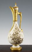 A large Royal Worcester ivory ground ewer and cover, date code for 1885, with gilt decorated neck,