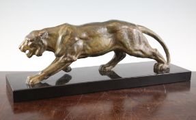 An Art Deco painted bronze figure of a panther, on a rectangular marble base, unsigned,, 20.5in.