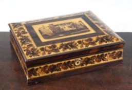 A 19th century Tunbridgeware box, the lid with a panel depicting Penshurst Place, within a floral