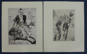 John Copley (1875-1950)two etchings,Figures seated in a garden, and Miners,both signed,largest 14