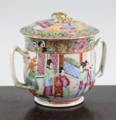 A Chinese famille rose twin handled pot and cover, Jiaqing period, painted with figures amid