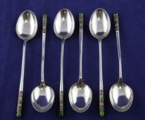 A set of six early 20th century Chinese silver and polychrome enamel teaspoons, with foliate