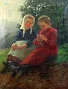 Russian Schooloil on canvas,Girls seated on a grassy bank,indistinctly signed,28 x 22in. Starting