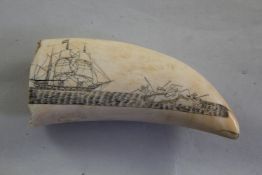 A scrimshaw whale`s tooth, decorated with a whaling scene, 5.5in. Starting Price: £192