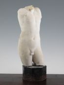 An antique white marble classical male torso on later composition plinth, marble 11.5in. Starting