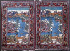 A pair of Iranian pictorial rugs, both with polychrome riverscape scene with figures, wildlife and
