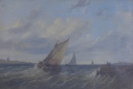 Robert Bridgehouse (1818-1881)oil on canvas,Fishing boats off the coast,signed,8 x 11.5in.