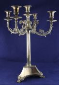 A late Victorian silver plated four branch five light candelabrum, by Mappin Brothers, with reeded