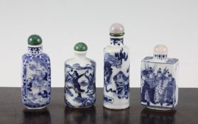 Four Chinese blue and white snuff bottles, 20th century, two of cylindrical form decorated with