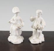 A pair of Derby King Street white glazed figures, each modelled as a gentleman and lady seated