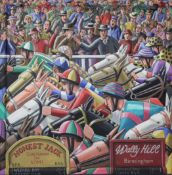 § Pamela Crook MBE (1945-)acrylic on board,`At The Races`,signed,40 x 40in.; with painted frame 45 x