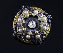 A Victorian gold, diamond, agate, split pearl and enamel target brooch, the enamel decorated with