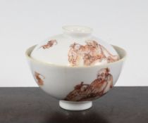 A Chinese porcelain bowl and cover, decorated in iron red with seated Shou Lao, two bats and stag,