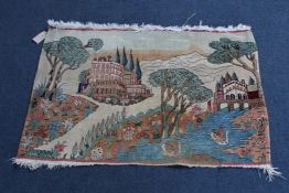 An Iranian pictorial mat/panel, with polychrome landscape scene with river, swans and