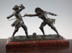 Edouard Drouot (1859-1945). A bronze group of two musketeers sword fighting, raised on a rouge