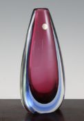 Archimede Seguso - a ruby and blue cased glass `teardrop` vase, c.1956, paper label `Made in