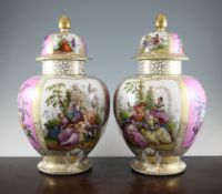 A pair of large Dresden ovoid vases and covers, Helena Wolfsohn, late 19th century, each decorated