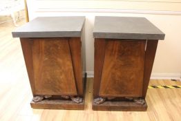 A pair of mahogany pedestal cupboards, with grey painted plinth tops, W.1ft 11in. Starting Price: £