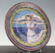 Quentin Bell (1910-1996). A Fulham pottery dish, incised and painted in colours with a woman with