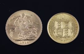 A George V 1914 gold sovereign and a Victorian 1887 gold half sovereign. Starting Price: £160