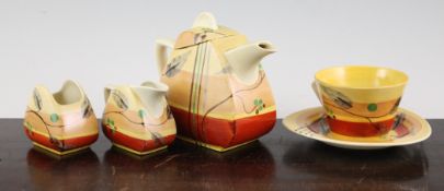 A Clarice Cliff `Grey Leaves` Trieste shape bachelor`s teaset, printed facsimile signature and `